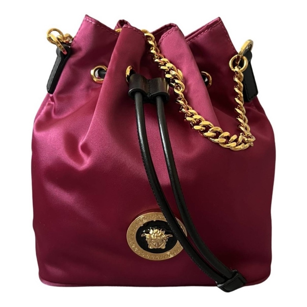 NEW!!! Versace Deep Fuschia Nylon and Black Leather Drawstring Bucket Bag
